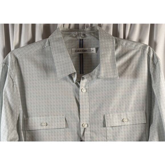Calvin Klein NWT Plaid Cotton Flap Pocket Shirt White Blue L sustainable 77-16 - Picture 11 of 14